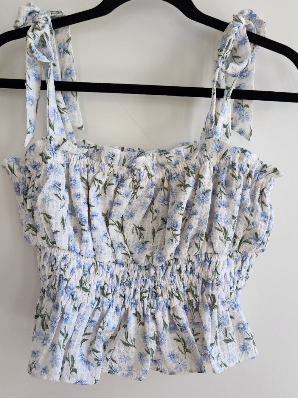 She + Sky Blue Floral Smocked Peplum Top Small Tie Strap Cottagecore